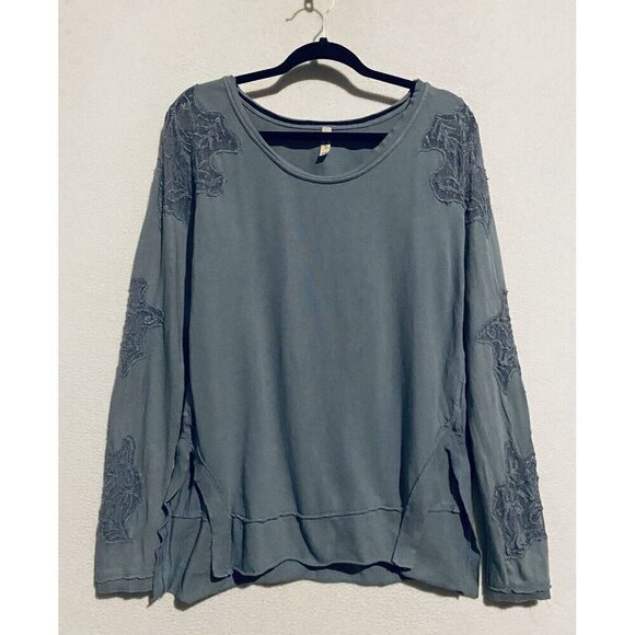 Free People Top Womens Medium Blue Grandpa Jersey Outer Sunset Lace Cut Out Boho - Picture 2 of 11